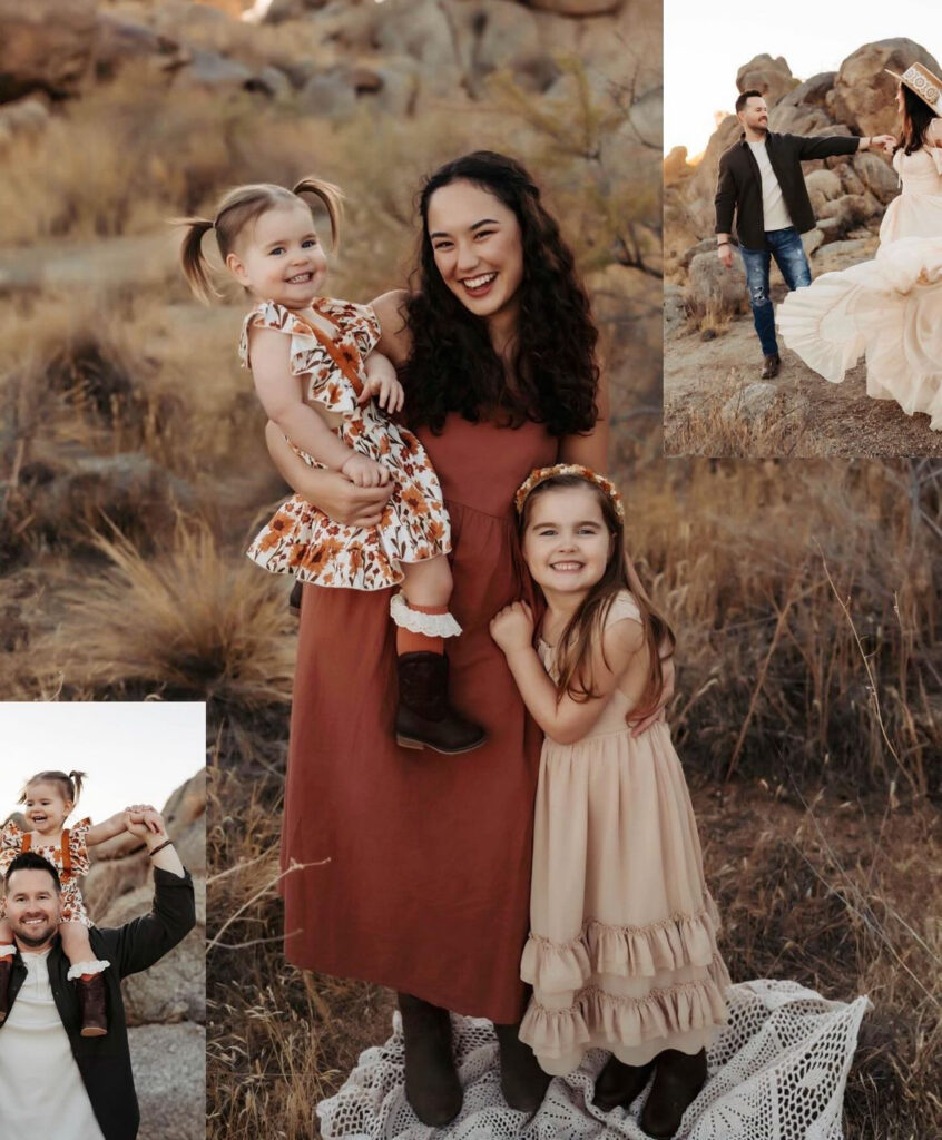 A mother lovingly holding one daughter in her arms while holding the hand of her other daughter, symbolizing connection and support.